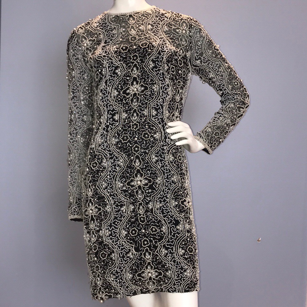 Oleg Cassini pearl beaded black cocktail dress